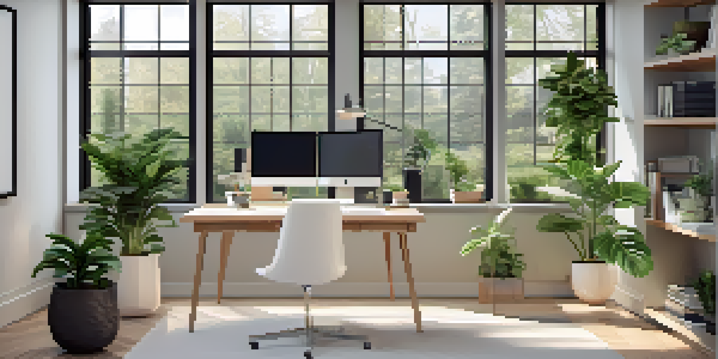 A stylish home office with a desk, laptop, and plant, illuminated by natural light from large windows.