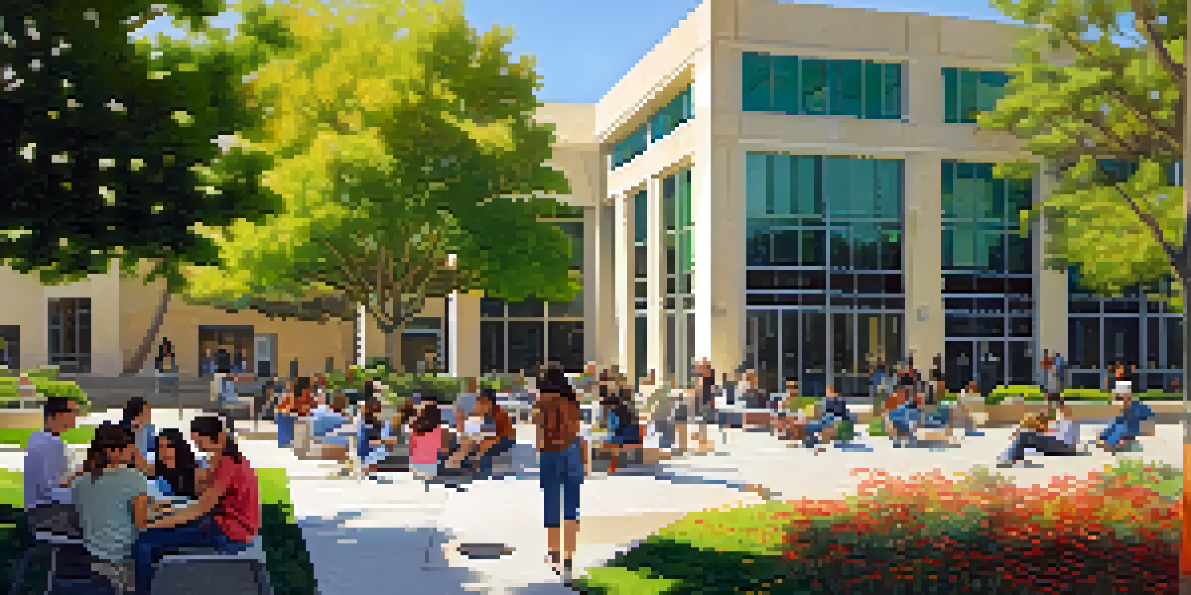 A lively courtyard at Pasadena City College with diverse students discussing and studying together under sunny skies, surrounded by modern college buildings and greenery.