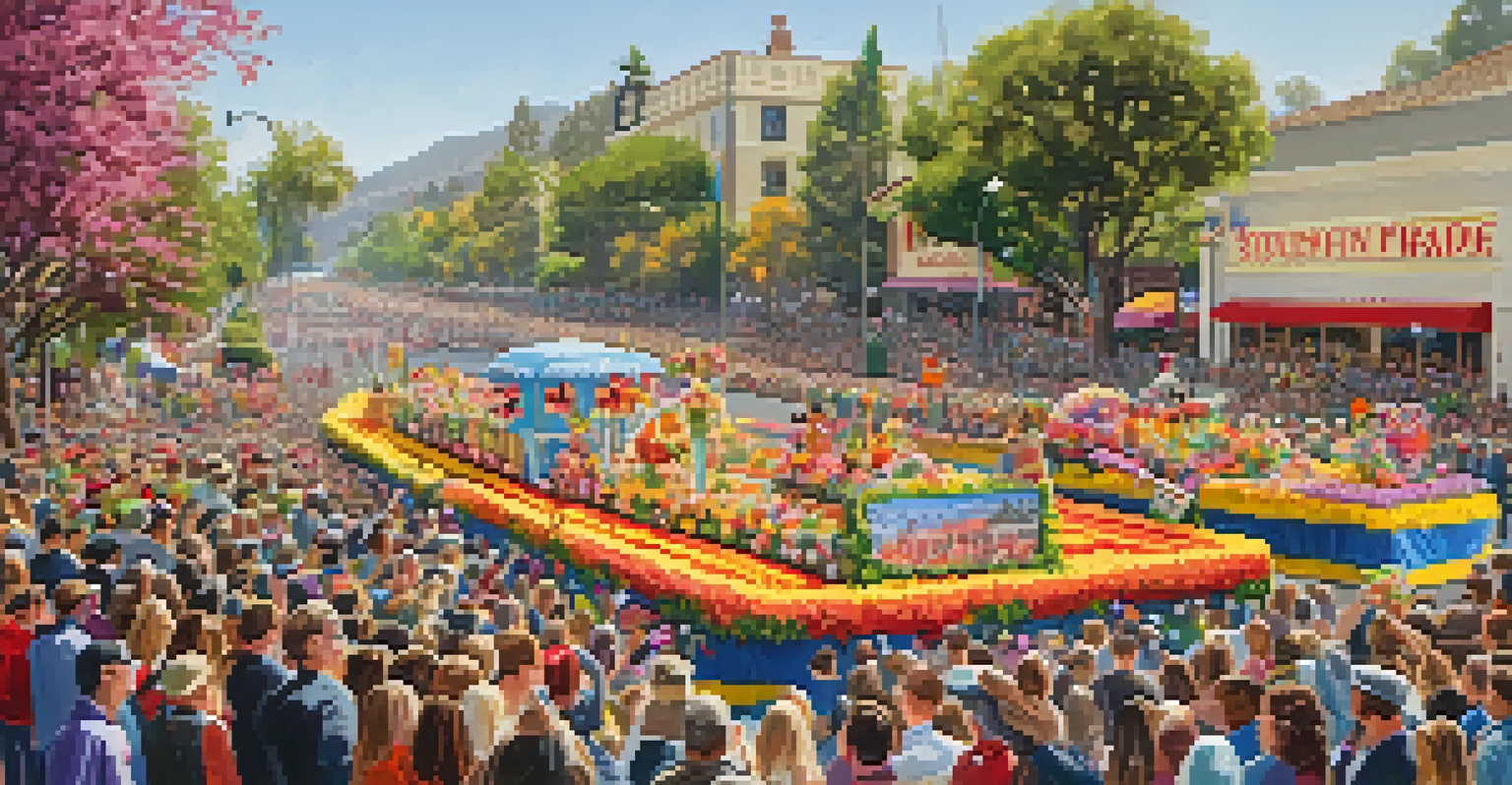 A lively parade scene with colorful flower floats and happy crowds in Pasadena.