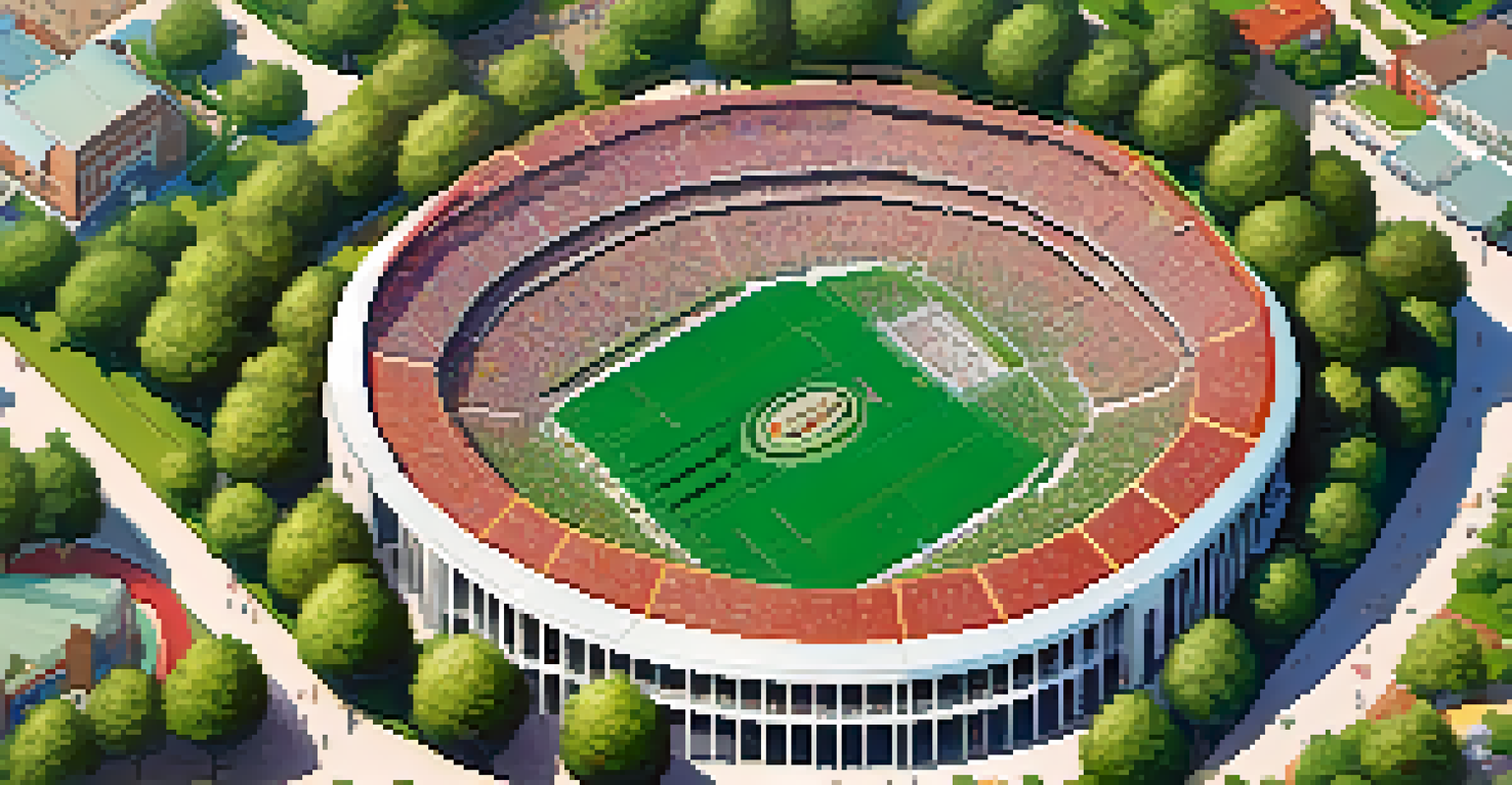 An aerial view of the Rose Bowl stadium surrounded by parks and neighborhoods, with people picnicking and colorful balloons in the air.