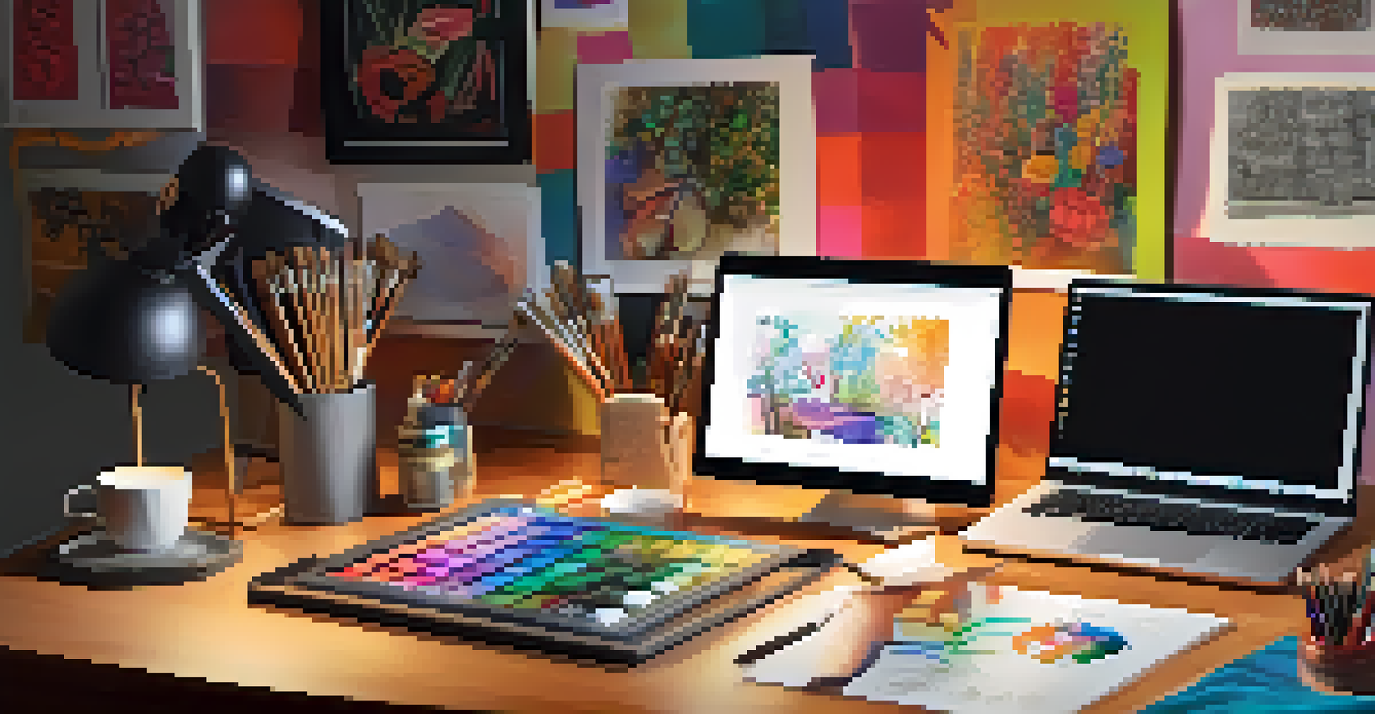 An artist's workspace with a digital tablet showing an illustration, surrounded by art supplies and a cozy ambiance, with a wall of diverse art pieces in the background.