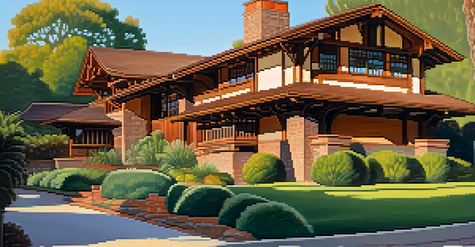 A sunny view of the Gamble House in Pasadena, highlighting its detailed Craftsman architecture surrounded by green trees.
