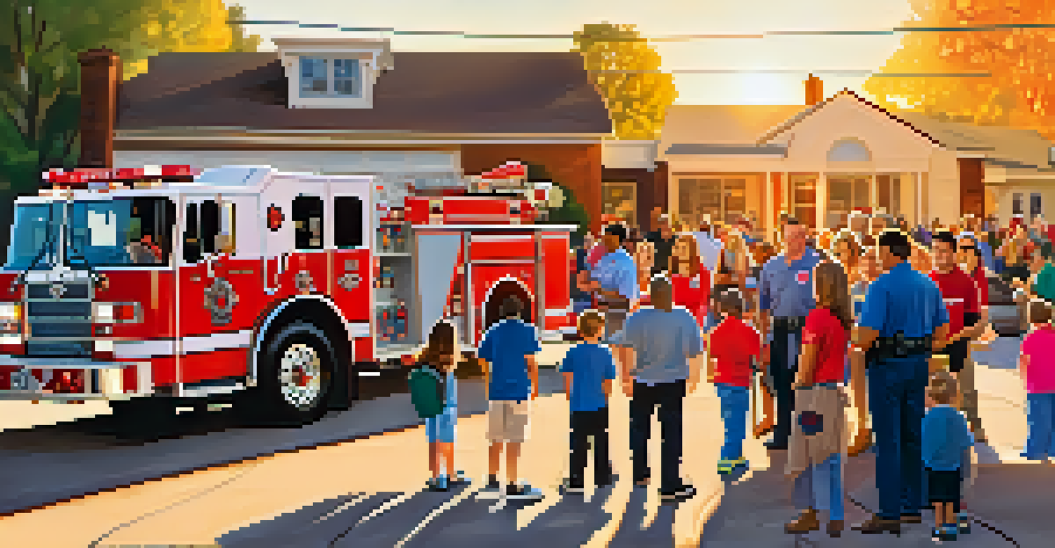 Pasadena's Volunteer Fire Department volunteers teaching fire safety to children during a community event, with a red fire truck and families enjoying the atmosphere.