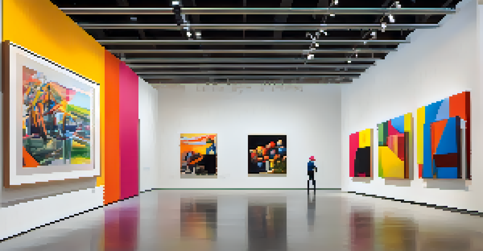 Inside the Pasadena Museum of California Art, featuring modern artworks in bright colors displayed on white walls, with visitors engaging in conversations.