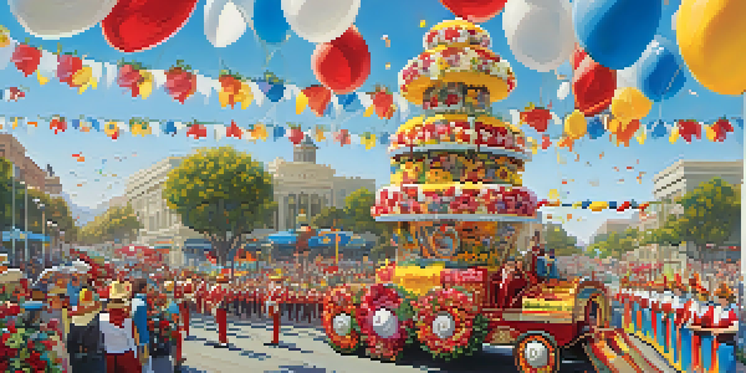 A colorful parade with flower-adorned floats and marching bands, surrounded by cheerful spectators.
