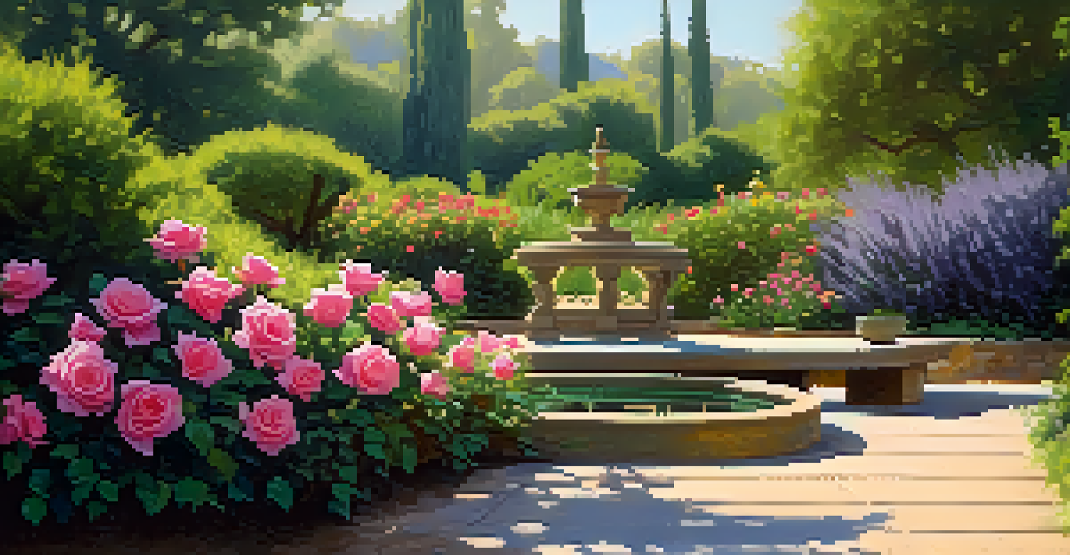 A peaceful summer scene in a botanical garden with blooming roses, lavender, and a family resting on a bench near a water feature.