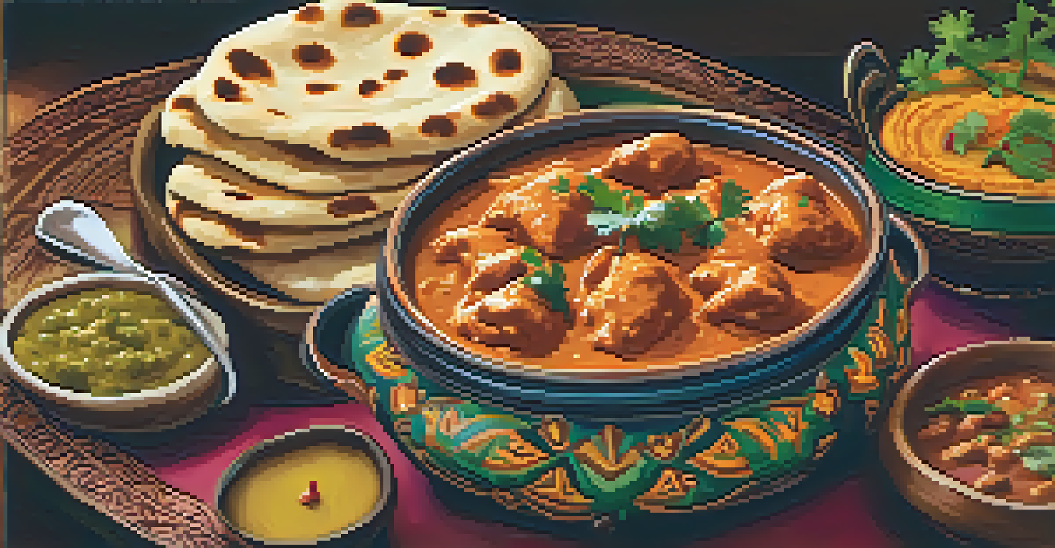 A table set with a rich Butter Chicken dish and freshly baked naan bread, surrounded by the vibrant decor of an Indian restaurant.