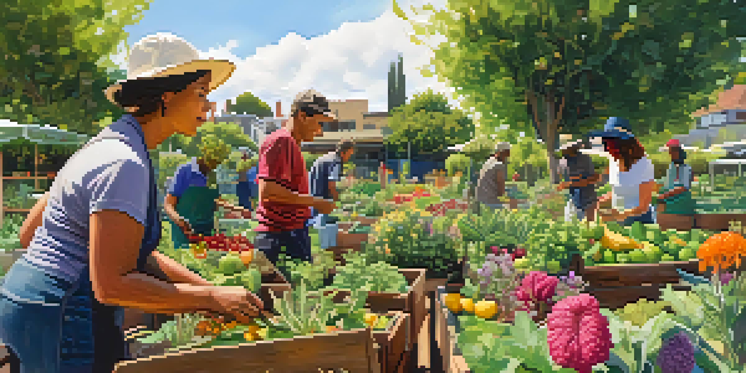 A diverse group of gardeners working together in a colorful community garden, surrounded by fruits, vegetables, and flowers.