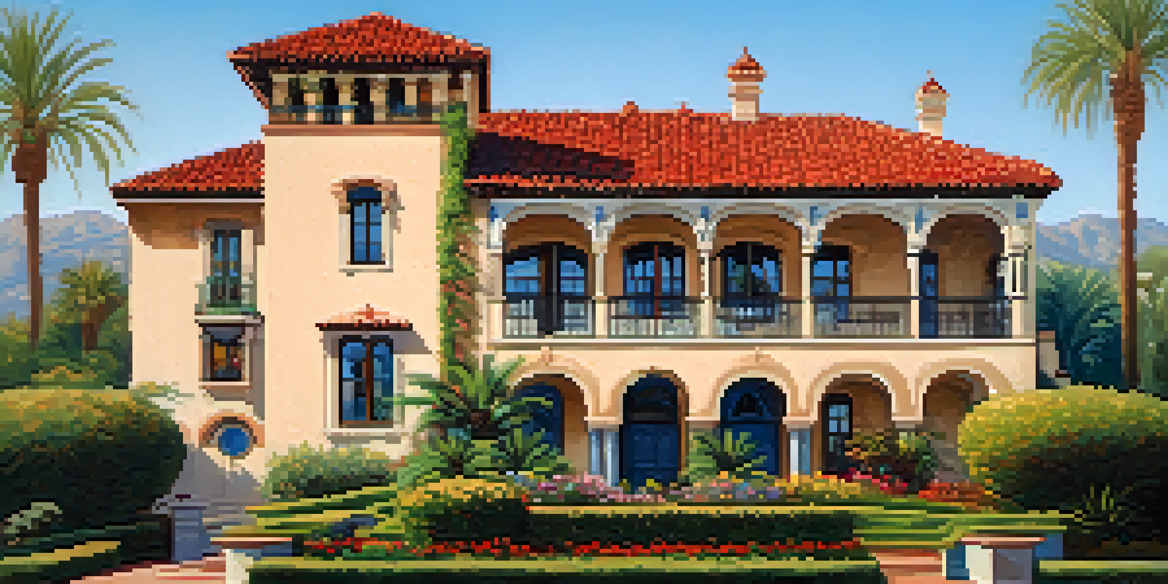 A Spanish Revival building with stucco walls and a red-tiled roof, surrounded by a colorful garden and palm trees, under a clear blue sky.