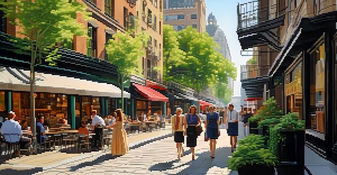 A vibrant urban scene with modern skyscrapers alongside historical buildings, featuring outdoor cafes and greenery under soft sunlight.