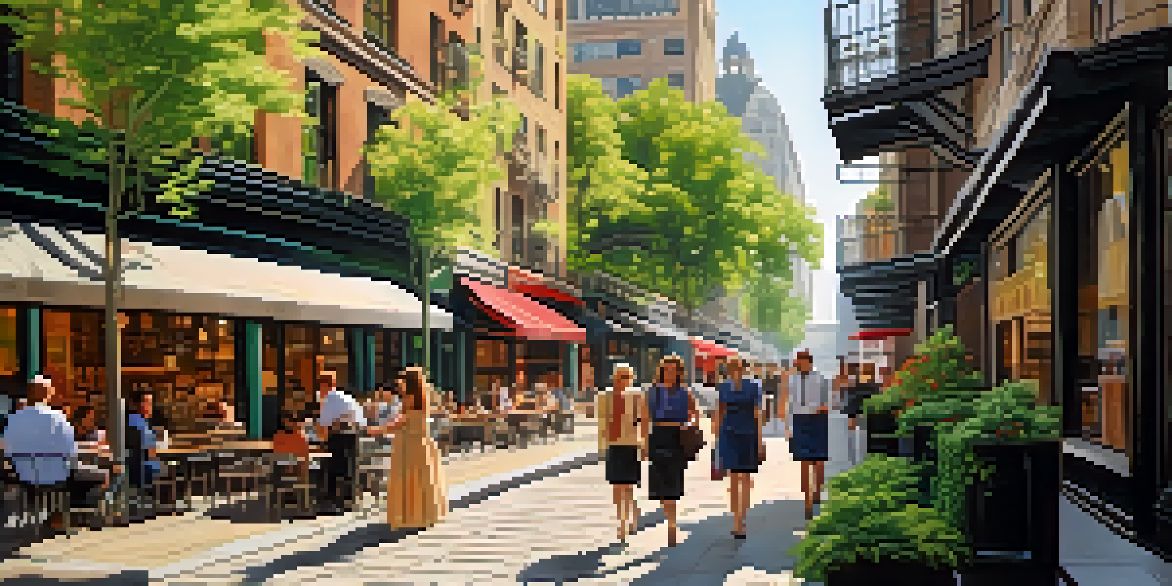 A vibrant urban scene with modern skyscrapers alongside historical buildings, featuring outdoor cafes and greenery under soft sunlight.