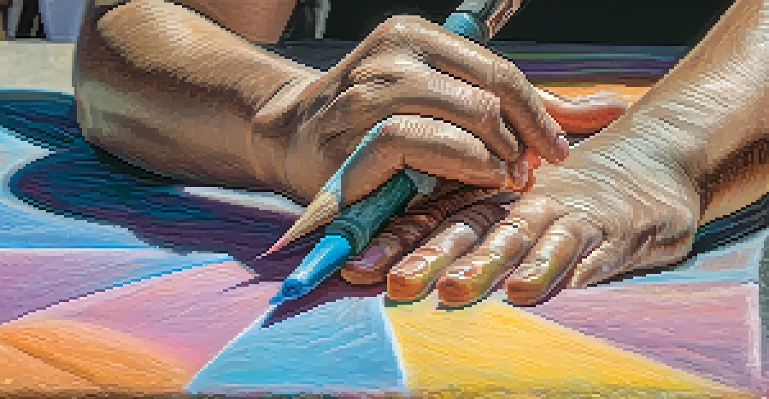 A close-up of an artist's hands applying pastel chalk to a colorful mural, emphasizing the details and textures of the artwork.