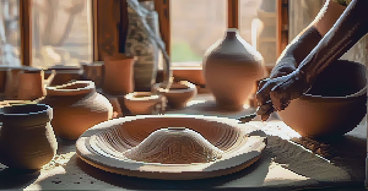 An artisan creating handmade pottery in a bright studio, with colorful clay and tools visible in the scene.