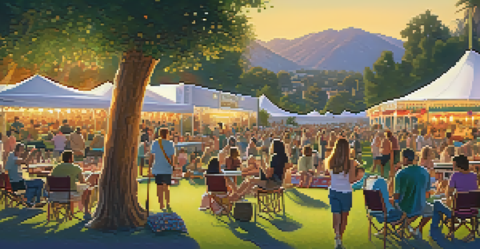 An outdoor concert at the Rose Bowl with a sunset backdrop, featuring a diverse crowd and food trucks.