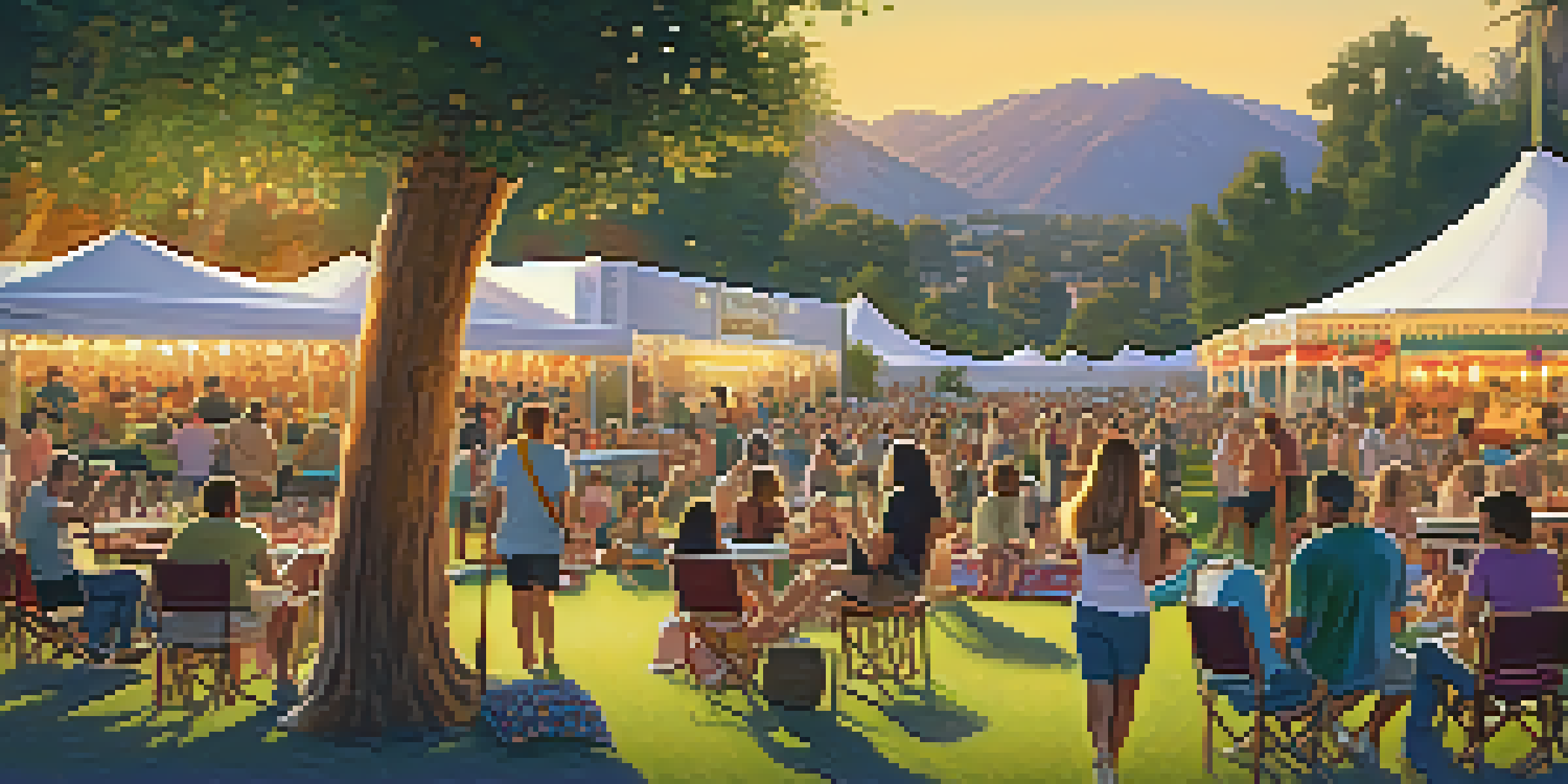 An outdoor concert at the Rose Bowl with a sunset backdrop, featuring a diverse crowd and food trucks.