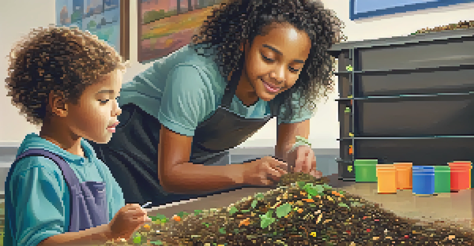 A child attentively learning about composting at a workshop, with an instructor and educational materials in a colorful setting.