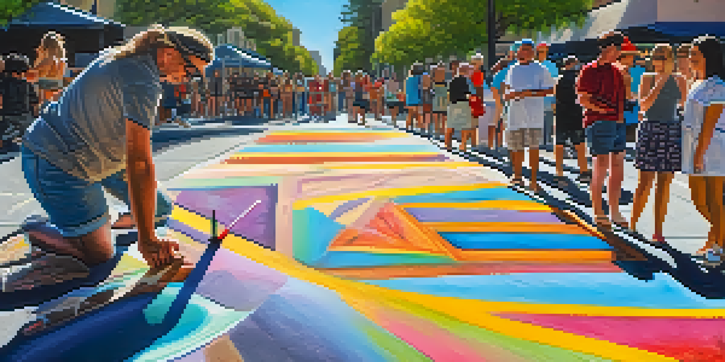 A lively street scene at the Pasadena Chalk Festival, with artists creating colorful chalk murals and a crowd of people watching.