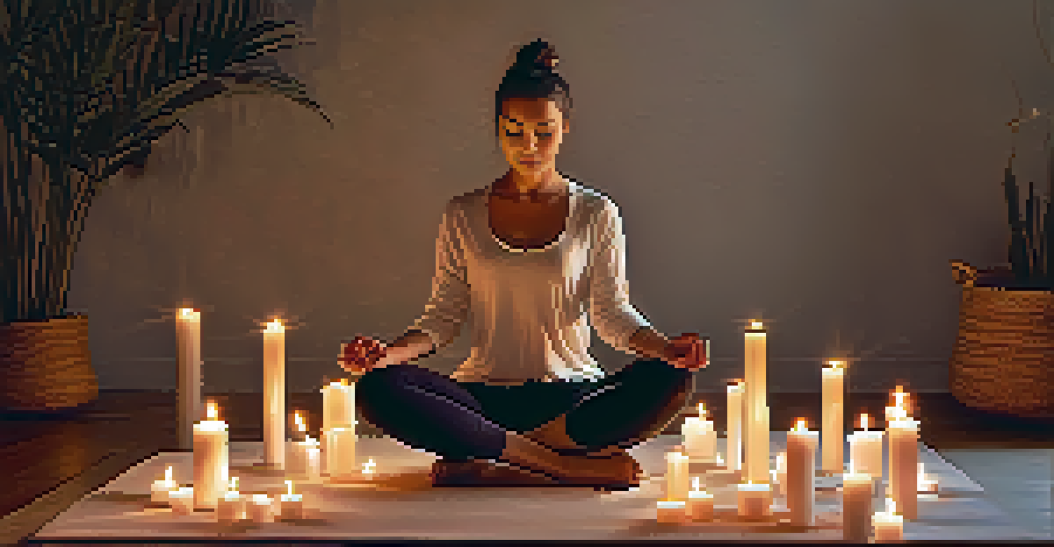 A close-up of an individual in a restorative yoga pose on a mat, surrounded by candles and cushions in a warm, inviting space.