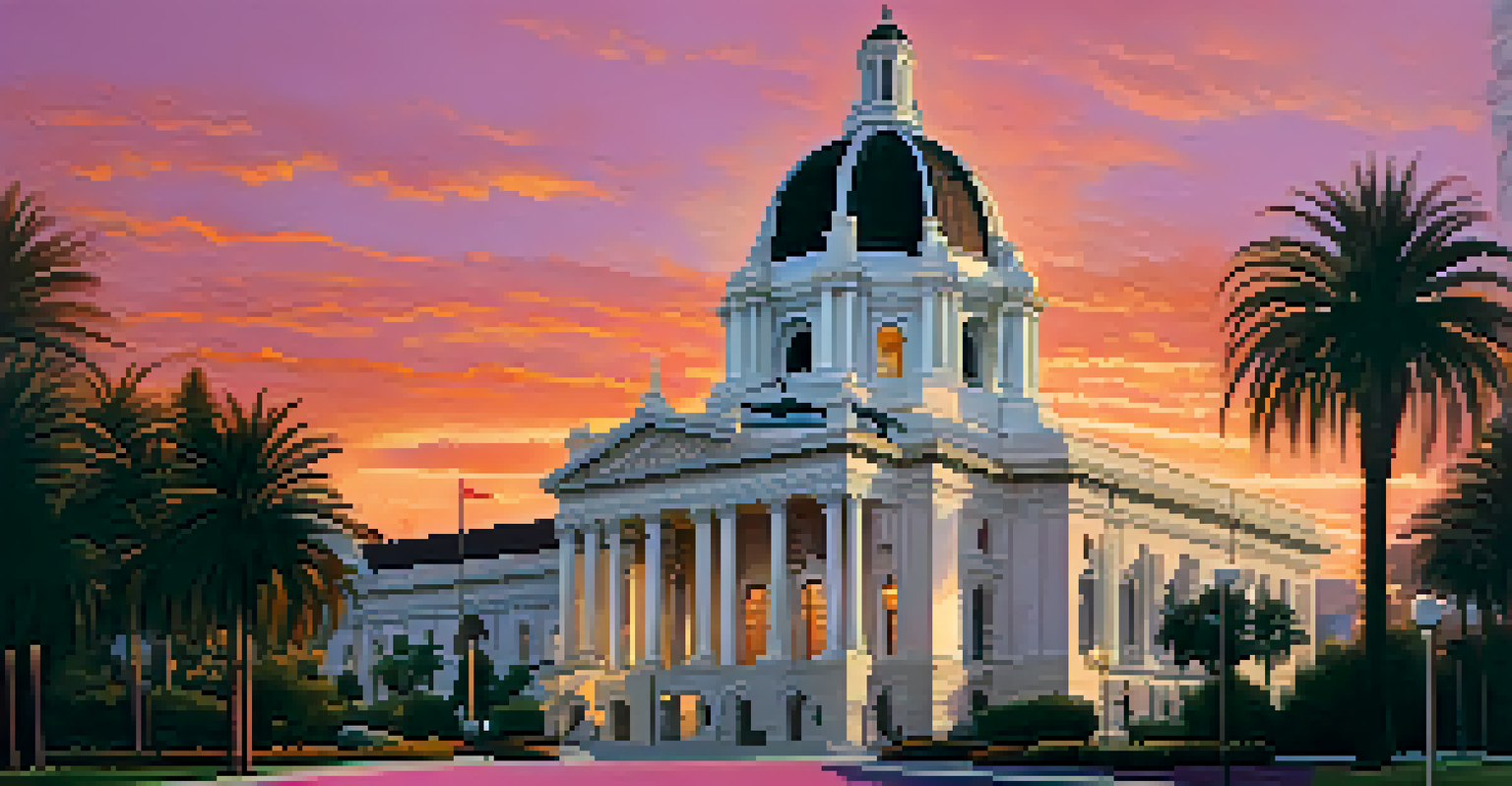 Pasadena City Hall at sunset, showcasing its elegant Beaux-Arts architecture with a colorful sky in the background.