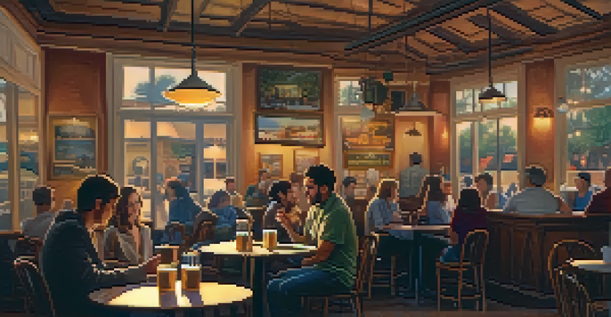 A local musician performing in a warm, cozy café filled with patrons enjoying drinks and music.
