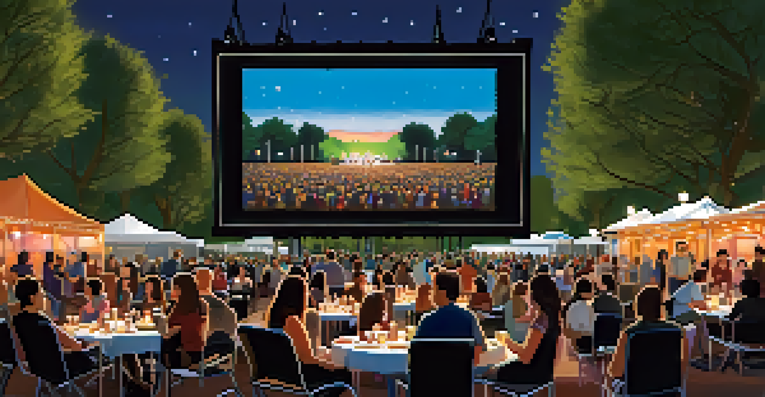An outdoor scene at the Pasadena International Film Festival featuring a large screen, seated attendees, and food trucks.
