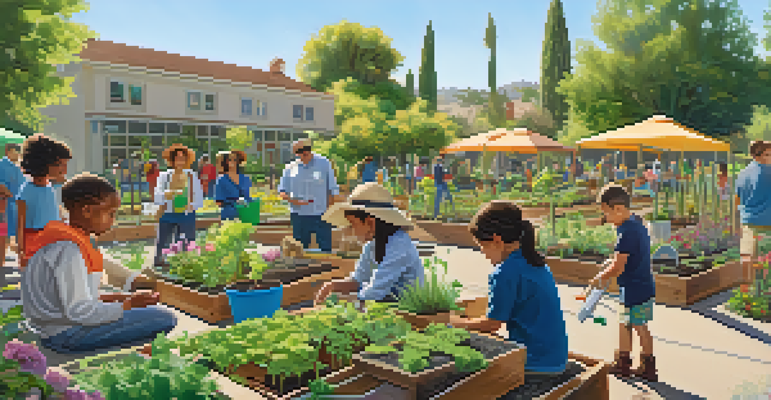 A diverse group of people attending a gardening workshop in a community garden in Pasadena, actively planting seeds and learning.