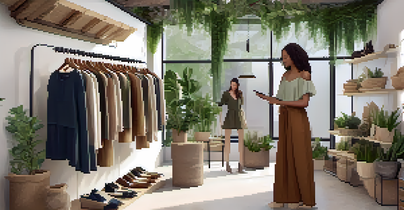 A cozy sustainable fashion boutique showcasing eco-friendly clothing with a shop assistant assisting a customer.