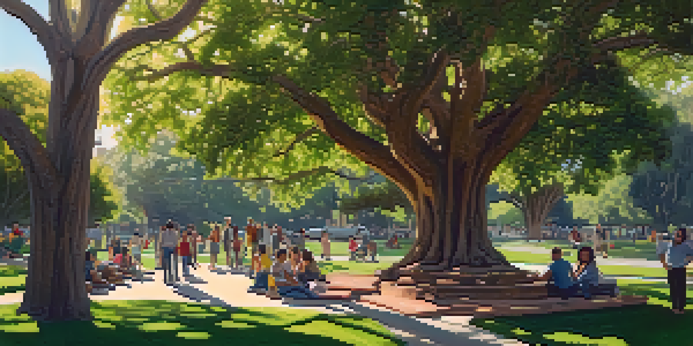 A community park scene with a large heritage tree and people participating in a tree care workshop.