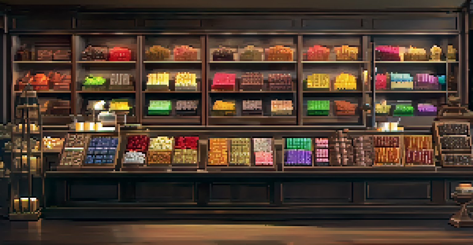 An artisan chocolate shop displaying a variety of beautifully crafted chocolates in a warm, inviting atmosphere.