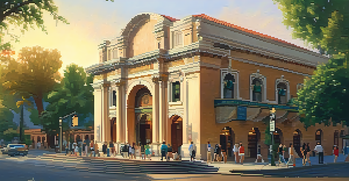 An exterior view of the Pasadena Playhouse with Mediterranean Revival architecture, surrounded by greenery and people walking by during golden hour.