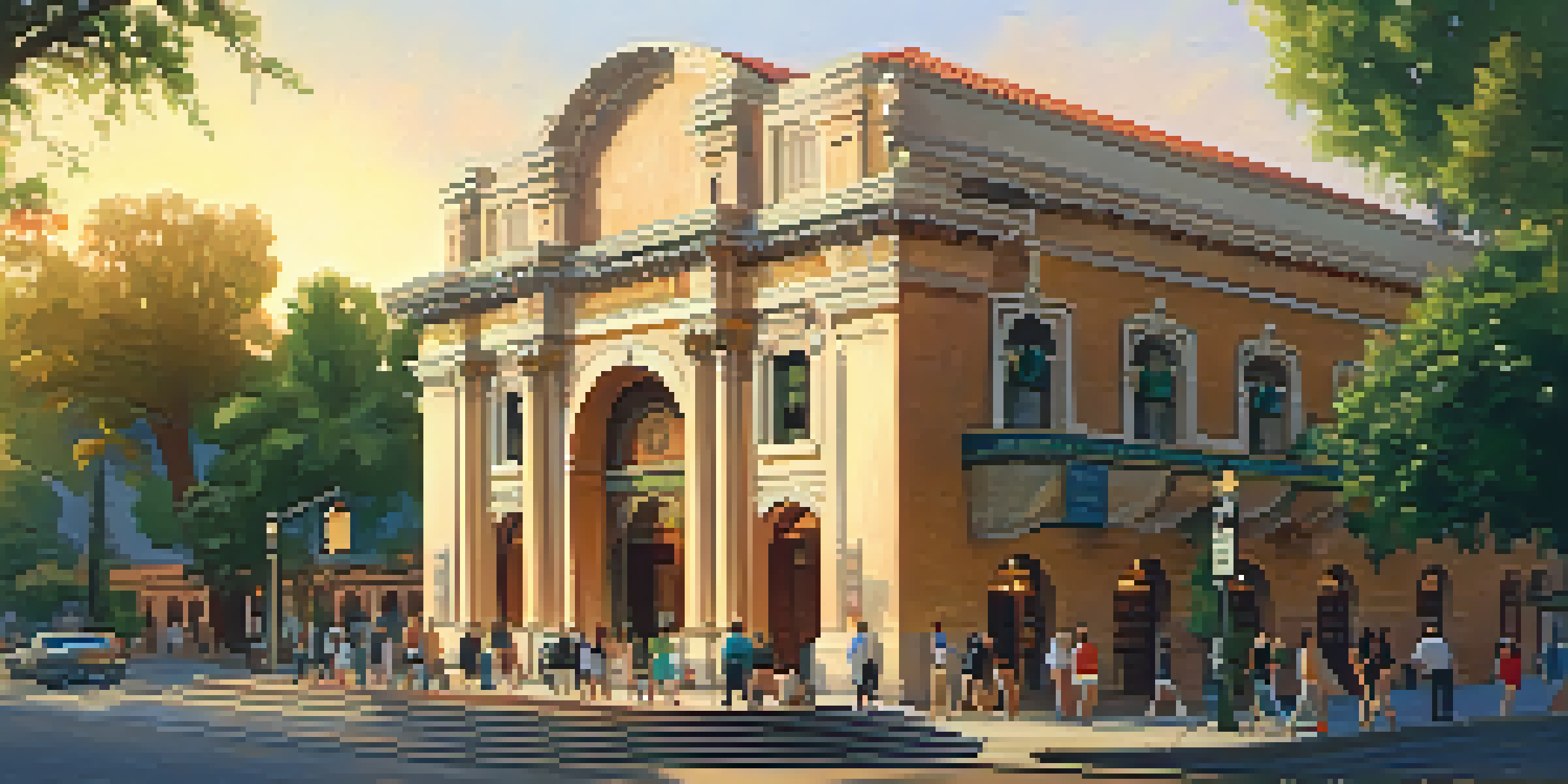 An exterior view of the Pasadena Playhouse with Mediterranean Revival architecture, surrounded by greenery and people walking by during golden hour.
