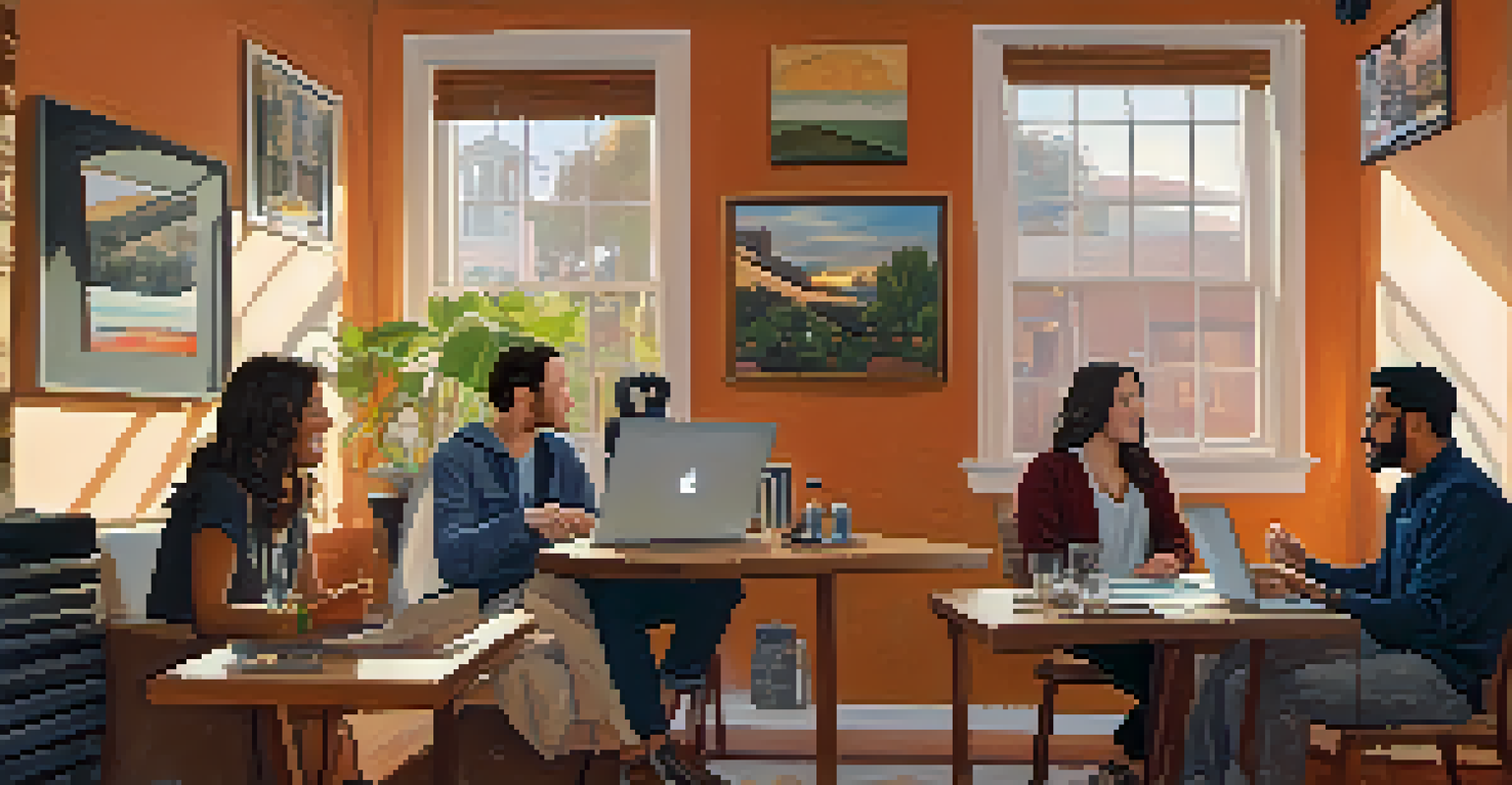 A cozy podcast recording session featuring diverse podcasters around a table with microphones and local art on the walls.