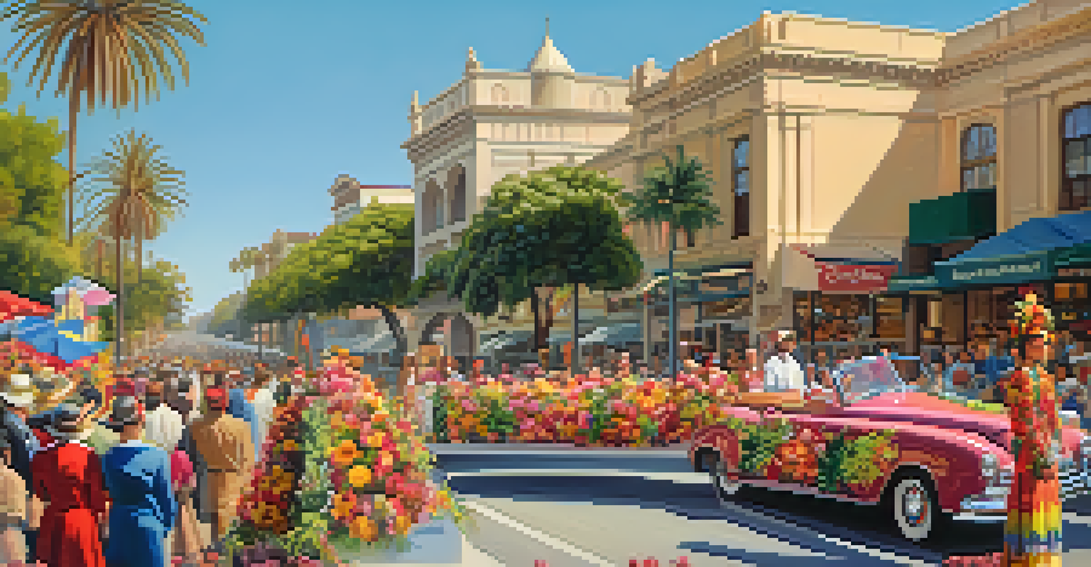 A lively street scene from Pasadena's Rose Parade with colorful floats and historic buildings.