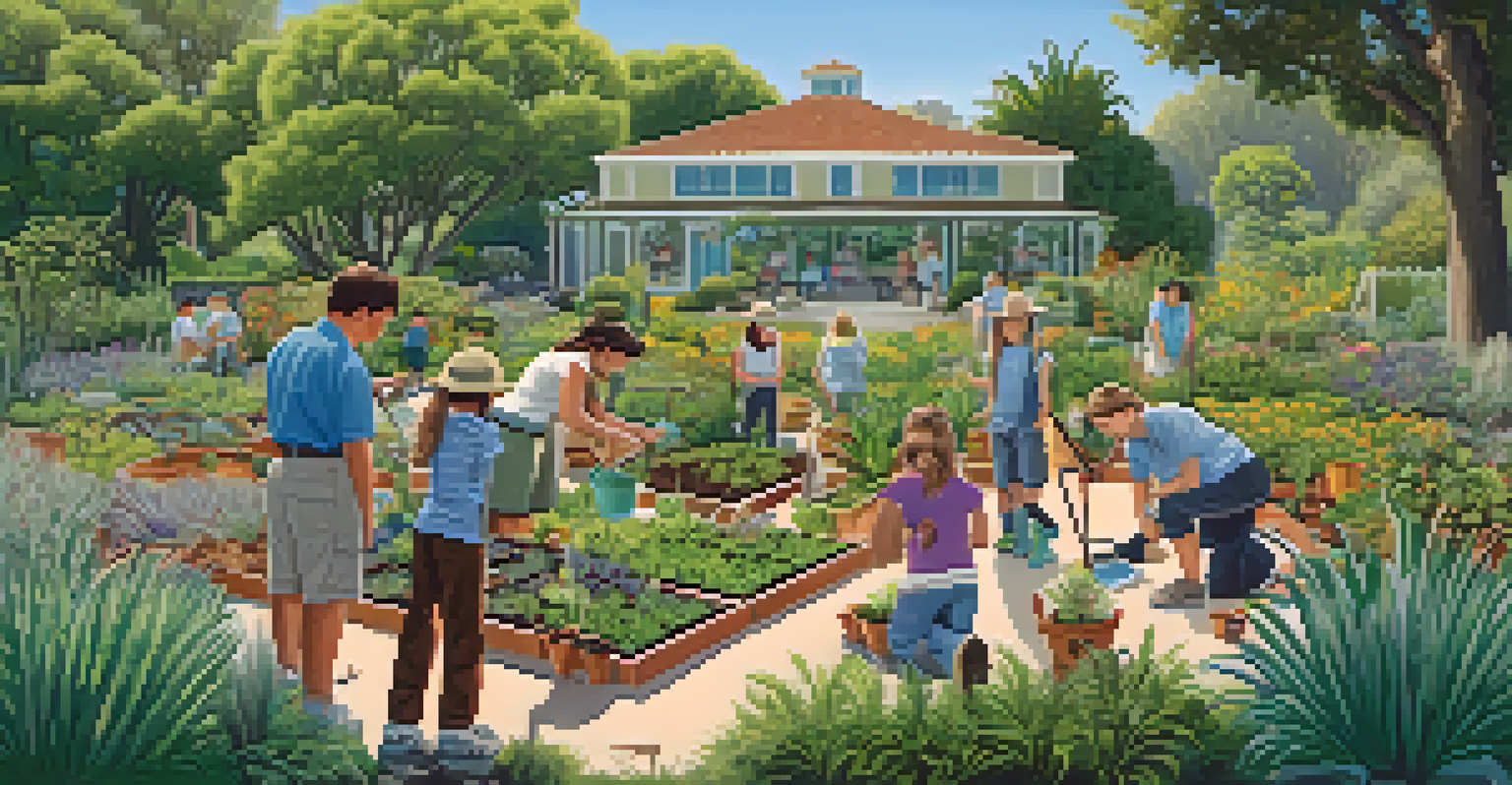 Families participating in a planting workshop at Pasadena's Botanical Gardens, surrounded by diverse plants.