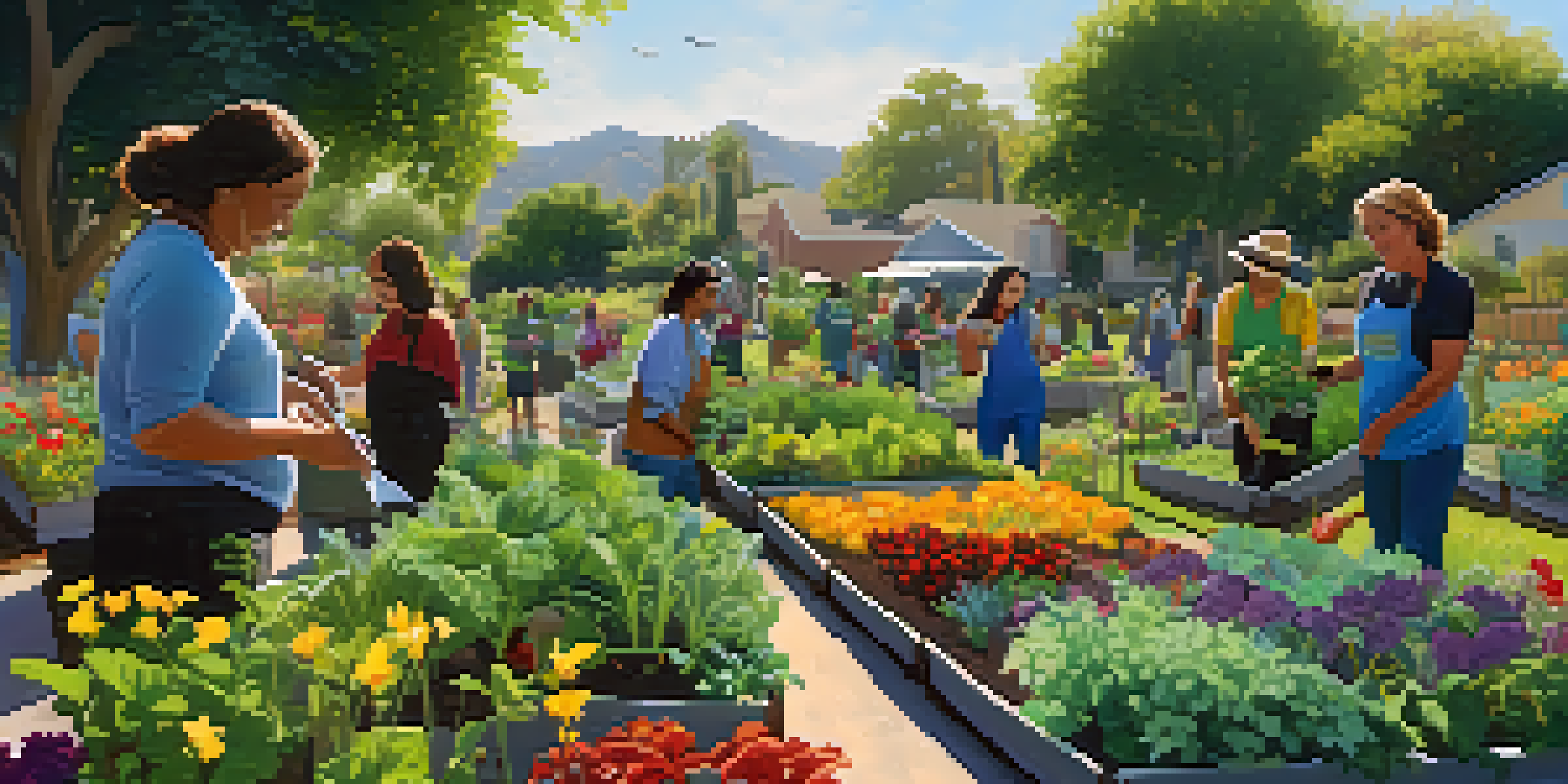 A lively community garden in Pasadena with diverse gardeners planting vegetables and herbs under sunlight.