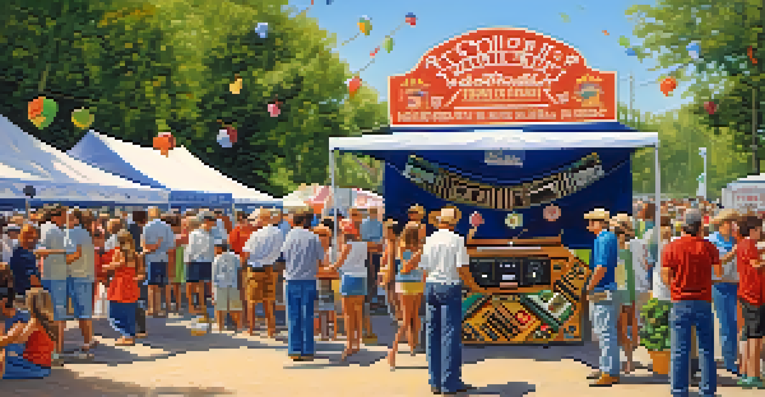 A vibrant outdoor festival with a community radio booth, featuring local artists performing and people enjoying the festivities.