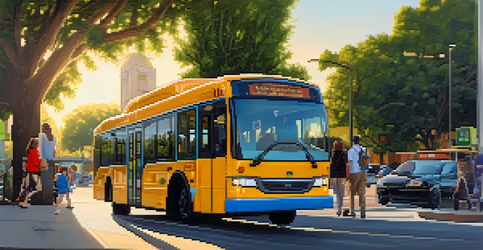 A busy street in Pasadena with a modern electric bus, trees, and people waiting at a bus stop during sunset.