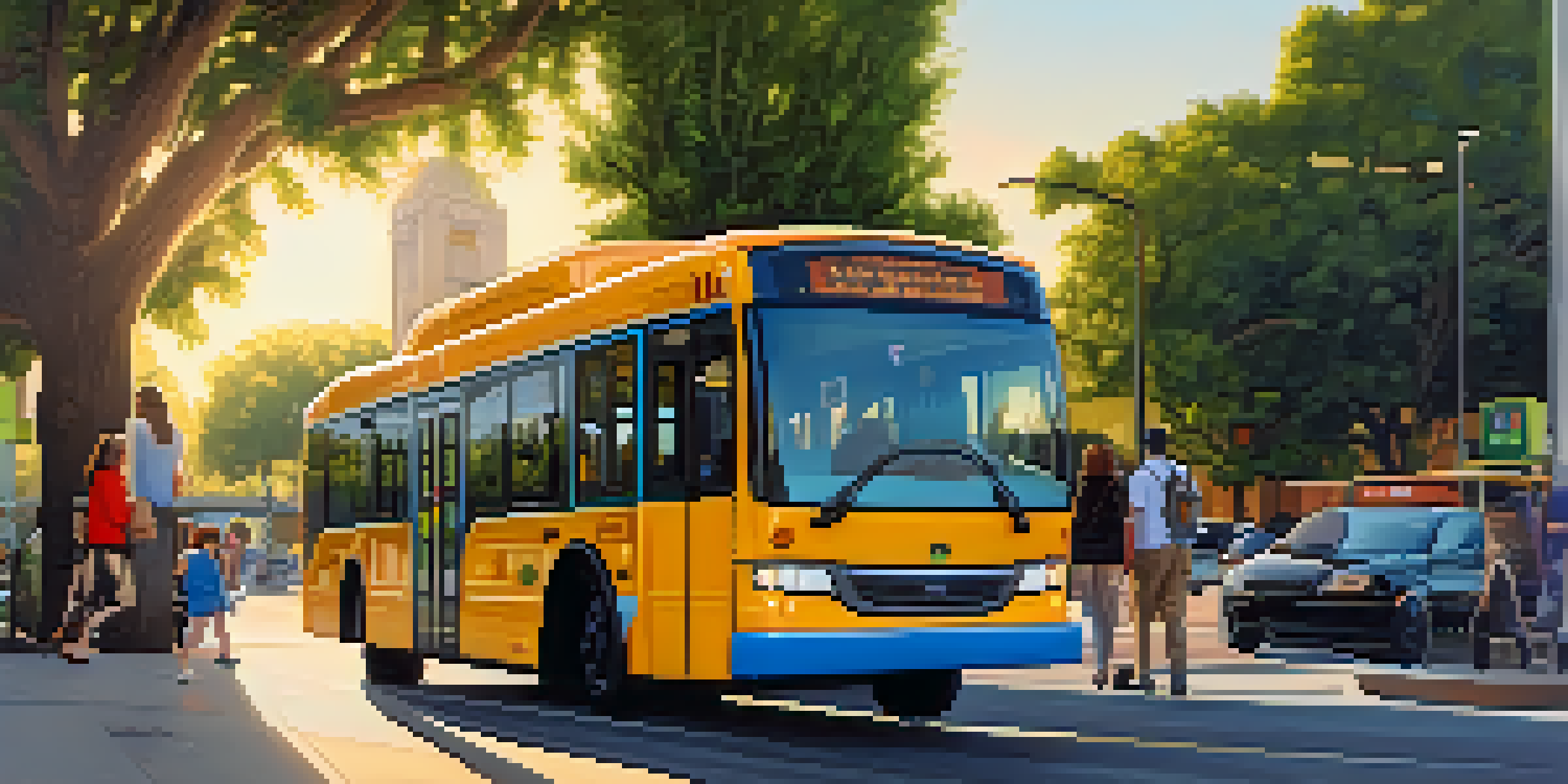A busy street in Pasadena with a modern electric bus, trees, and people waiting at a bus stop during sunset.