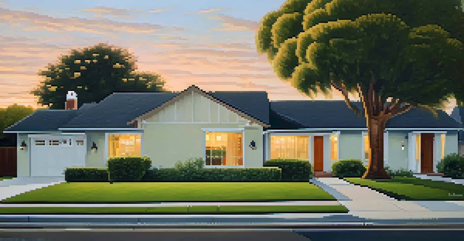 A residential street in Pasadena with mid-century homes and palm trees, bathed in warm golden light during sunset.