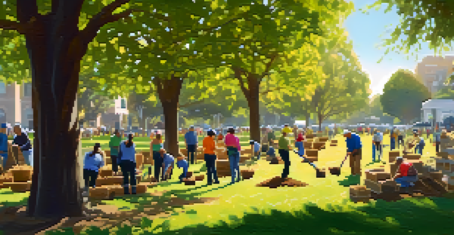 Volunteers planting trees in a Pasadena park during a community event, with blooming flowers and golden sunlight.