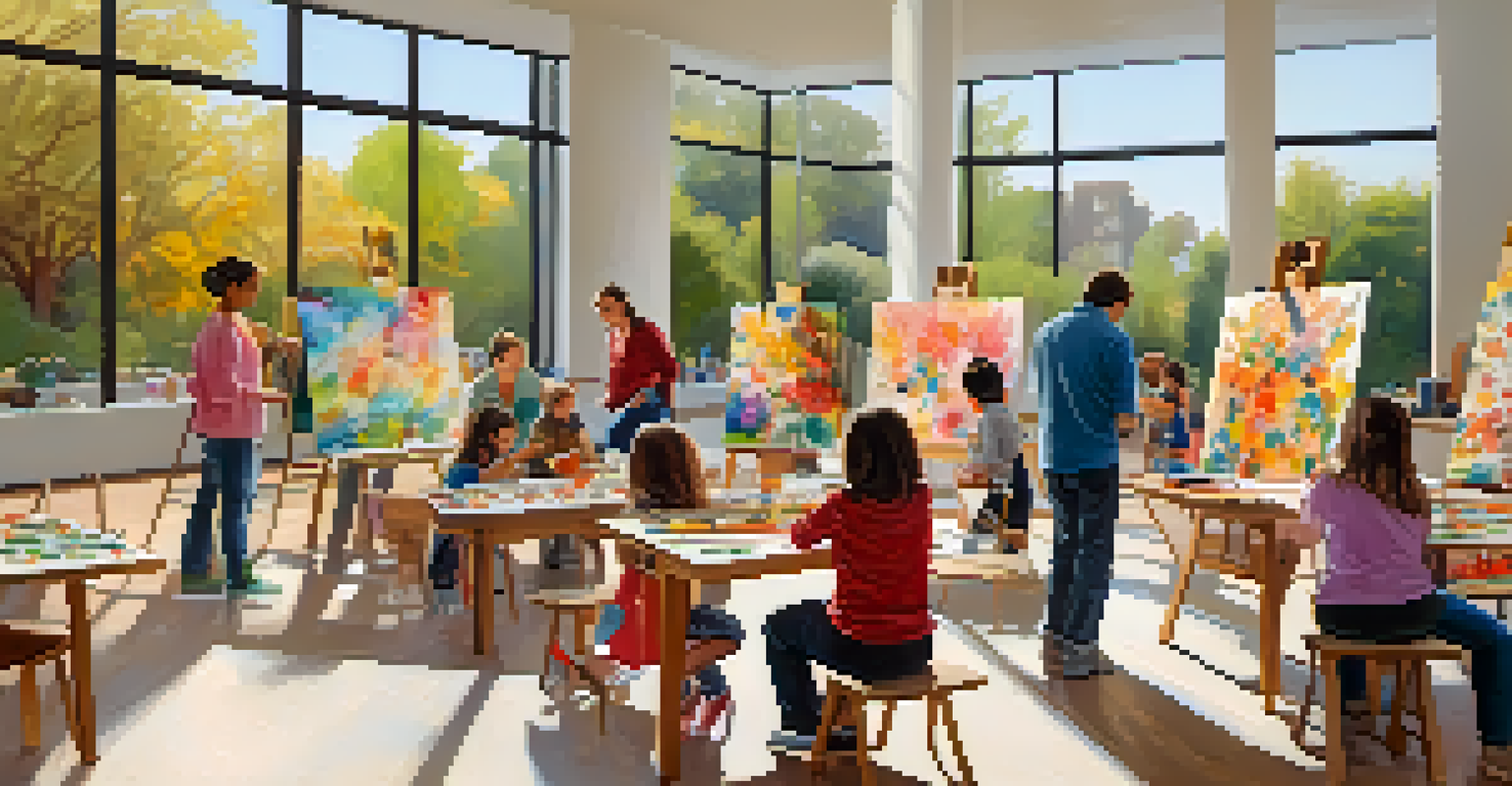 Families participating in an art workshop at the Norton Simon Museum, surrounded by paintings and colorful art supplies.