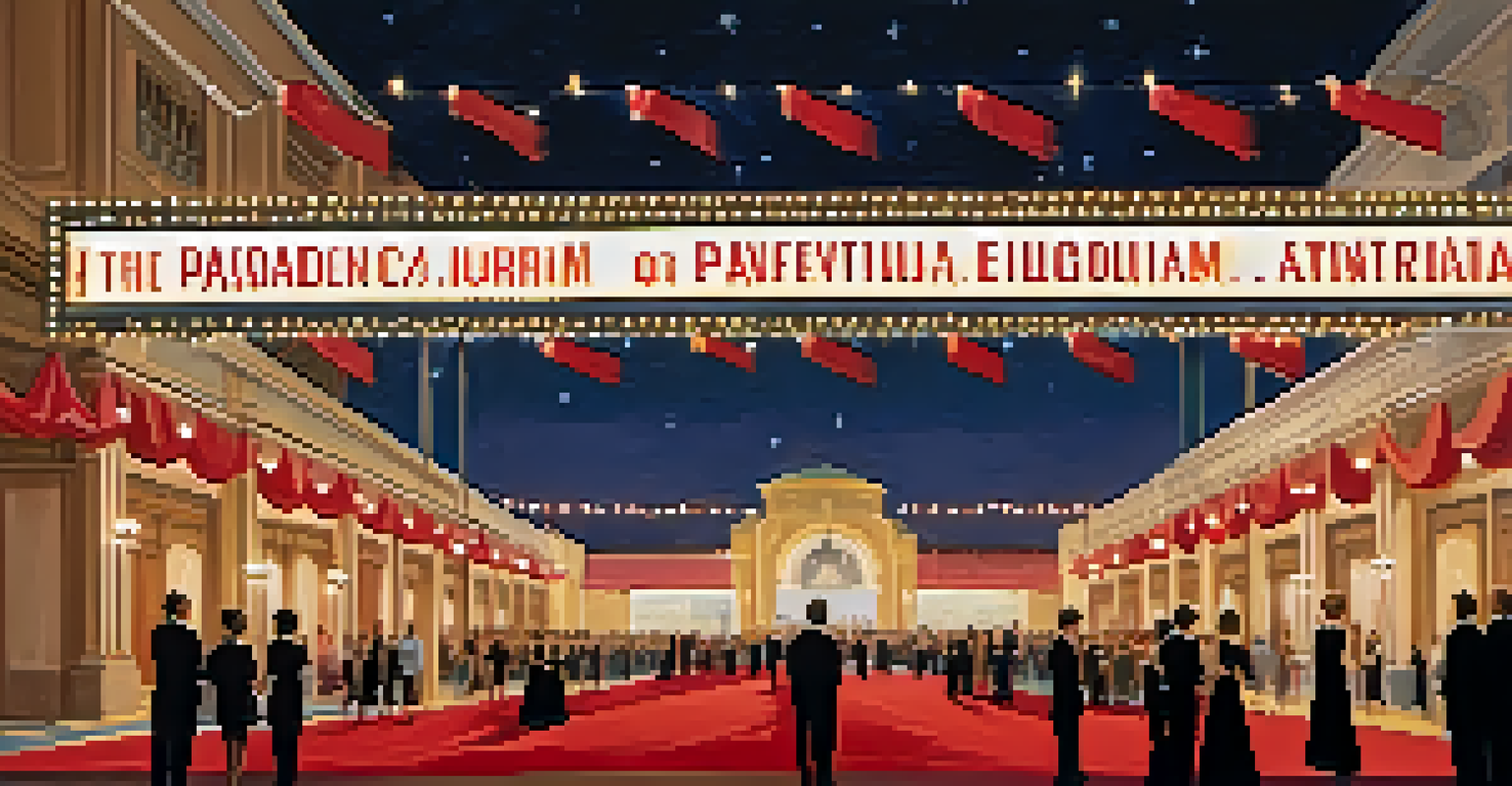 A glamorous film festival setting at the Pasadena Civic Auditorium with a red carpet and attendees in formal wear under string lights.