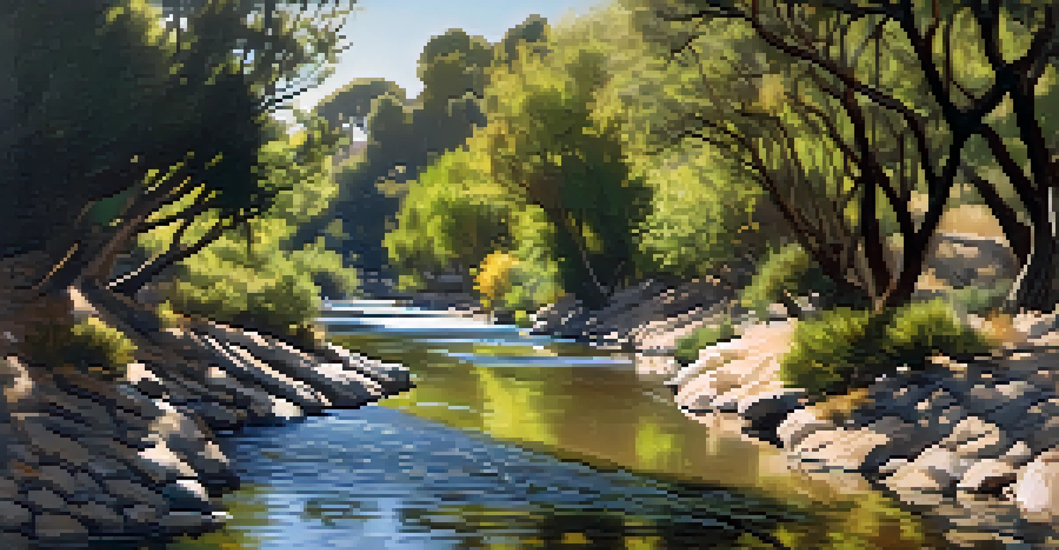 A scenic view of the Arroyo Seco with a stream, native trees, and birds, showcasing urban biodiversity.