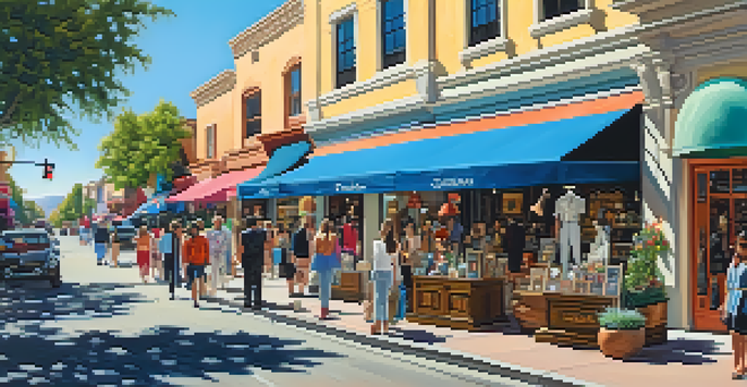 A lively street in Old Town Pasadena filled with colorful boutiques and shoppers exploring unique fashion items under a bright sky.