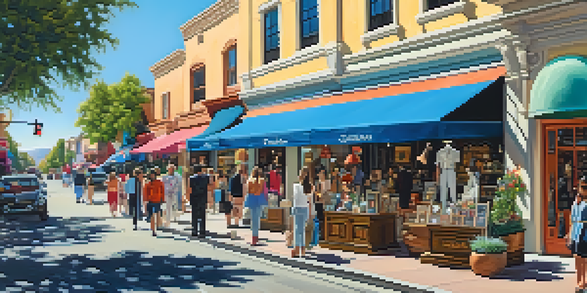 A lively street in Old Town Pasadena filled with colorful boutiques and shoppers exploring unique fashion items under a bright sky.