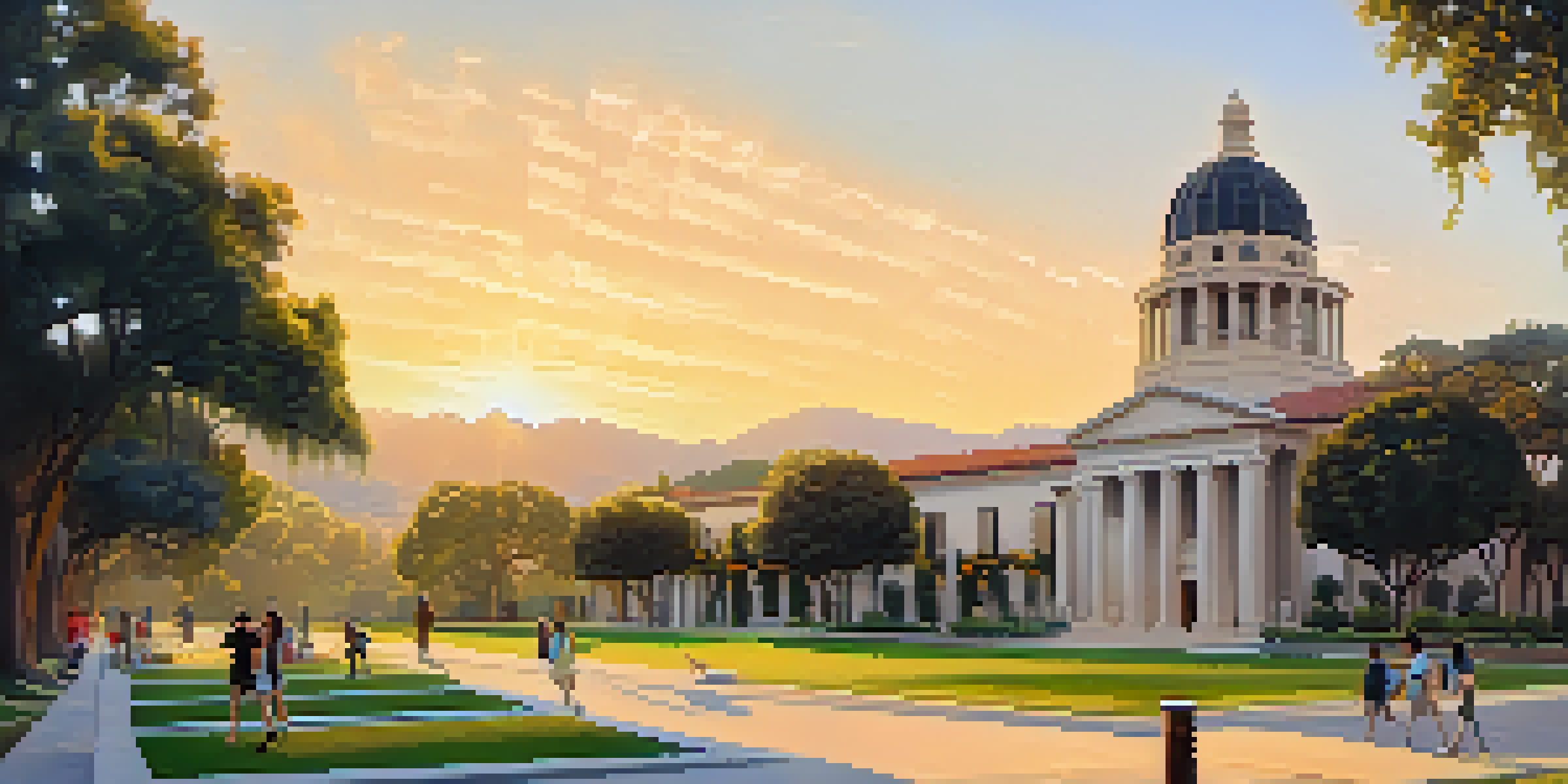 A picturesque view of Caltech's campus with students and lush trees during sunset.