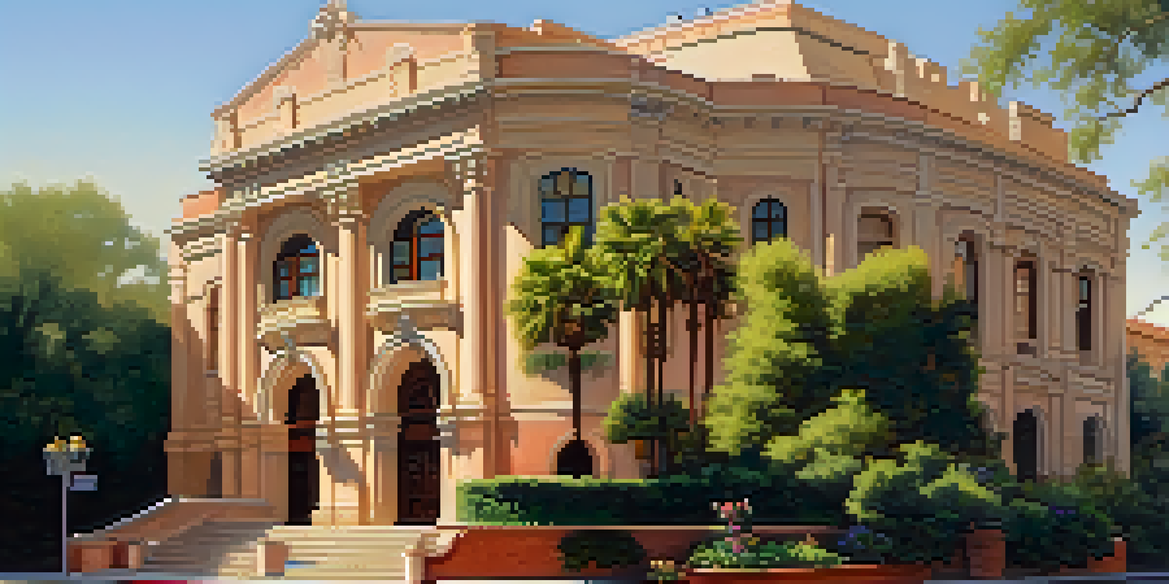 A scenic view of Pasadena featuring the historic Pasadena Playhouse surrounded by flowers and greenery in warm sunlight.