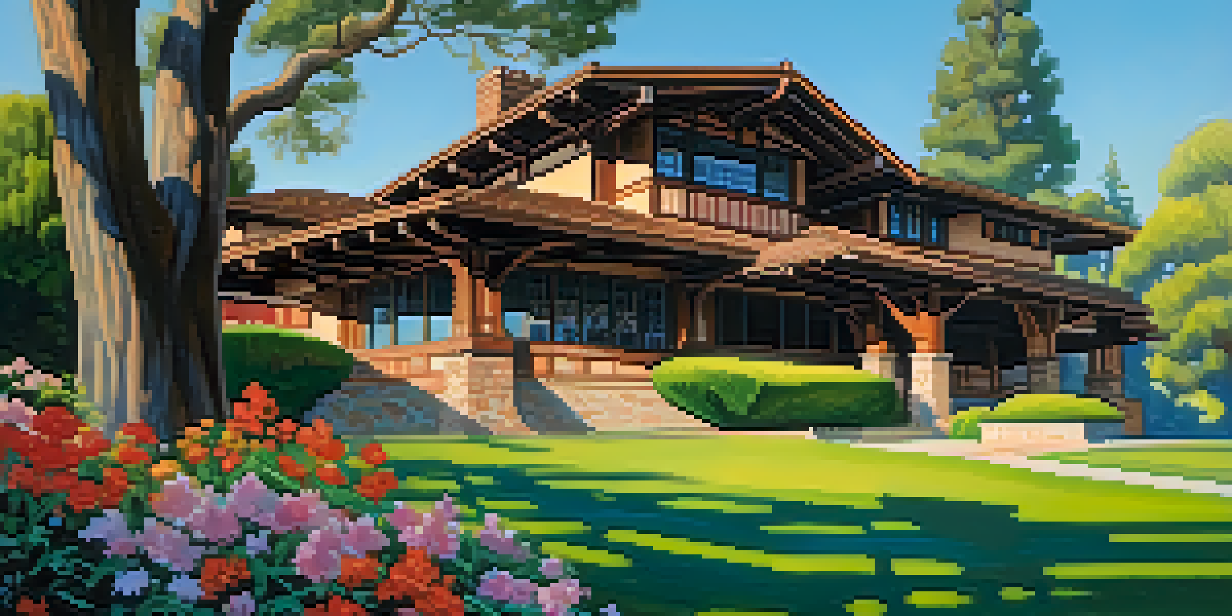A beautiful Arts and Crafts house surrounded by a colorful garden under a bright blue sky.