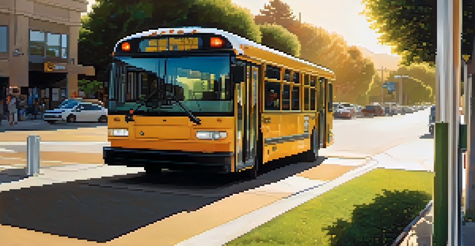 A close-up of a modern public transit bus in Pasadena at a bus stop with digital displays, illuminated by the setting sun.