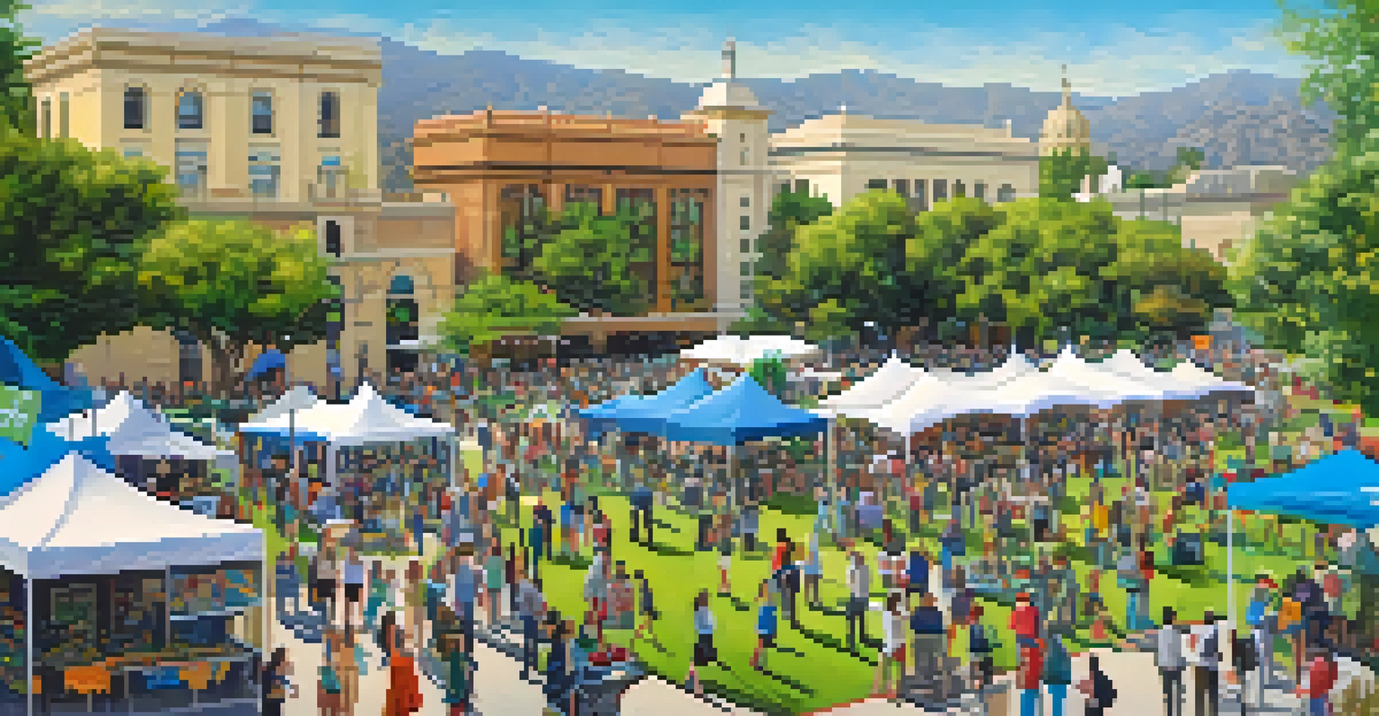 An aerial view of a bustling Earth Day event in Pasadena, with crowds around sustainability exhibits and colorful tents.